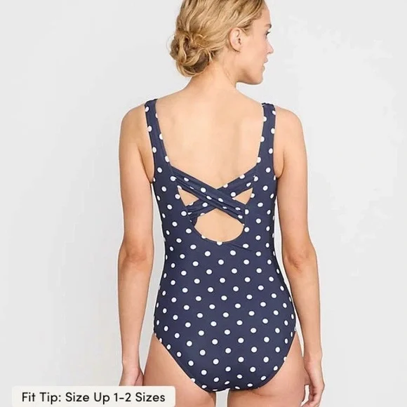 LANDS' END Blue Polka Dot Slimming One-Piece Swimsuit Size 18W Modest Feminine - Picture 2 of 9